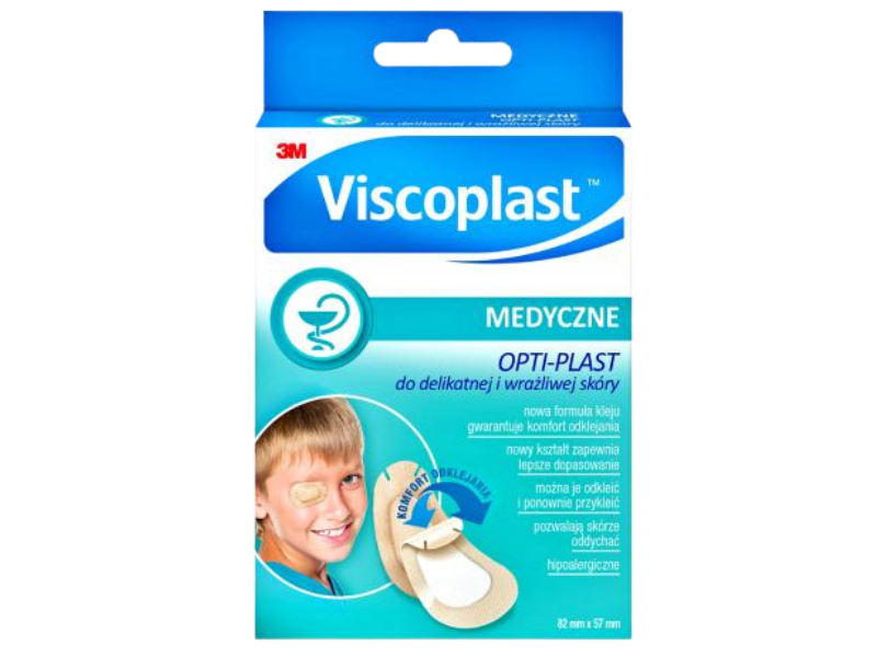 Zdjęcie przedstawia wyrób medyczny Viscoplast Opti-Plast do delikatnej i wrażliwej skóry plastry okulistyczne 80 mm x 57 mm, plaster.