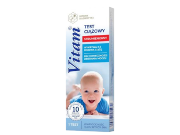 Zdjęcie przedstawia wyrób medyczny Vitam Test ciążowy strumieniowy, test diagnostyczny, 10 mIU/ml.
