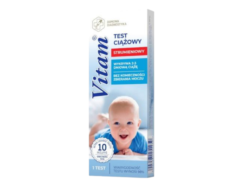 Zdjęcie przedstawia wyrób medyczny Vitam Test ciążowy strumieniowy, test diagnostyczny, 10 mIU/ml.
