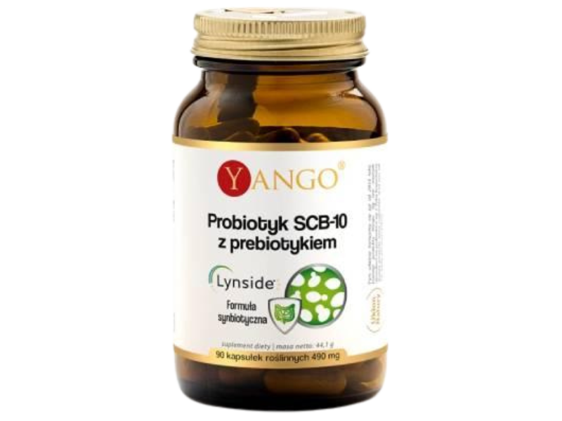 Zdjęcie przedstawia suplement diety Yango Probiotyk SCB z prebiotykiem, kapsułki.