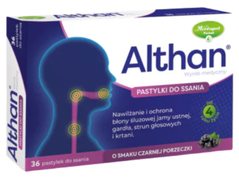 Zdjęcie przedstawia wyrób medyczny Althan, pastylki do ssania.