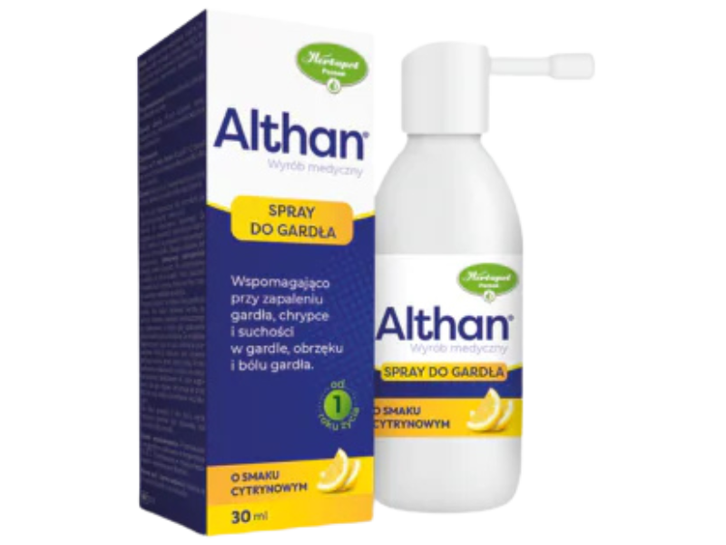 Zdjęcie przedstawia wyrób medyczny Althan, spray do gardła.