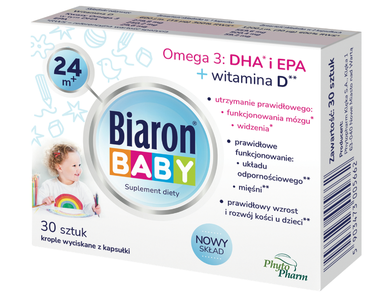 Zdjęcie przedstawia suplement diety Biaron Baby 24 m+, kapsułki twist-off.