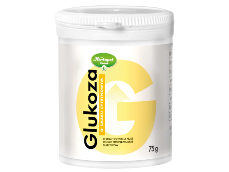 Zdjęcie przedstawia suplement diety Herbapol Poznań Glukoza o smaku cytrynowym, proszek.