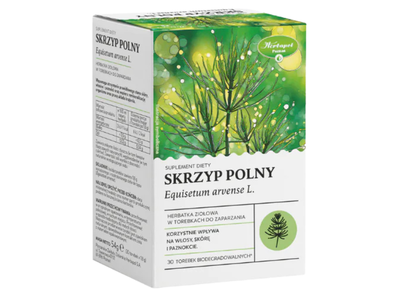 Zdjęcie przedstawia suplement diety Herbapol Poznań Skrzyp polny, zioła do zaparzania.