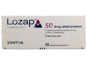 Zdjęcie przedstawia lek na receptę Lozap 50, tabletki powlekane, 50 mg.