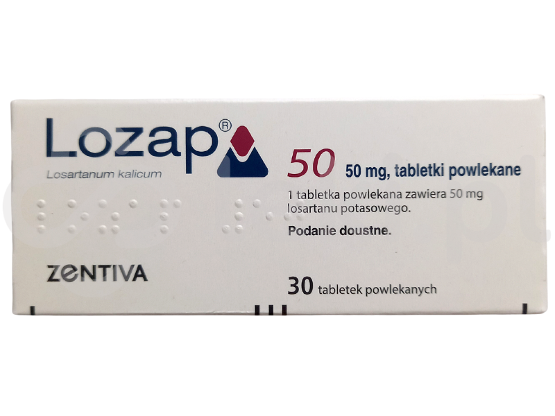 Zdjęcie przedstawia lek na receptę Lozap 50, tabletki powlekane, 50 mg.