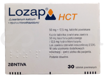 Zdjęcie przedstawia lek na receptę Lozap HCT, tabletki powlekane, 50 mg + 12,5 mg.