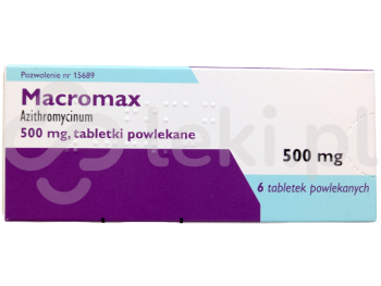 Zdjęcie przedstawia lek na receptę Macromax, tabletki powlekane, 500 mg.