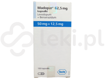 Zdjęcie przedstawia lek na receptę Madopar, kapsułki, 50 mg + 12,5 mg.