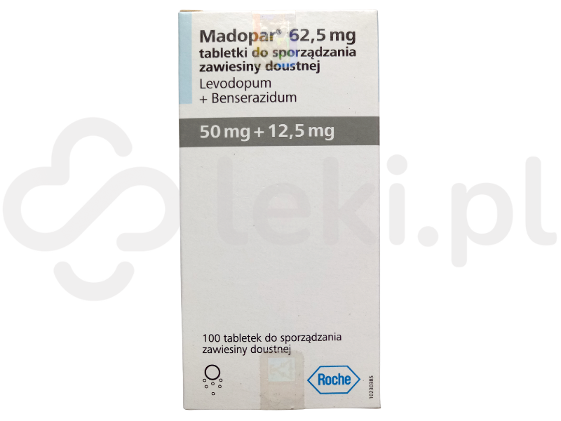 Zdjęcie przedstawia lek na receptę Madopar, tabletki do sporządzania zawiesiny doustnej, 50 mg + 12,5 mg.
