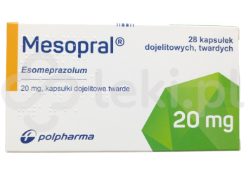 Zdjęcie przedstawia lek na receptę Mesopral, kapsułki dojelitowe twarde, 20 mg.