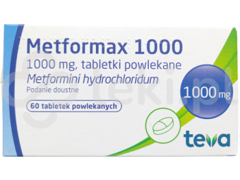 Zdjęcie przedstawia lek na receptę Metformax 1000, tabletki powlekane, 1000 mg.