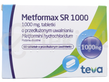 Zdjęcie przedstawia lek na receptę Metformax SR 1000, tabletki o przedłużonym uwalnianiu, 1000 mg.