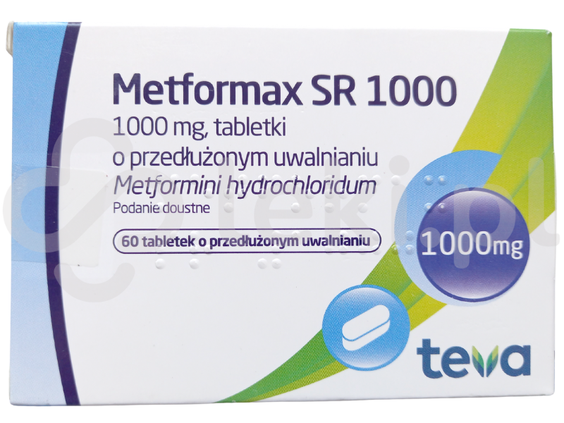 Zdjęcie przedstawia lek na receptę Metformax SR 1000, tabletki o przedłużonym uwalnianiu, 1000 mg.