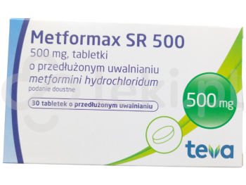Zdjęcie przedstawia lek na receptę Metformax SR 500, tabletki o przedłużonym uwalnianiu, 500 mg.