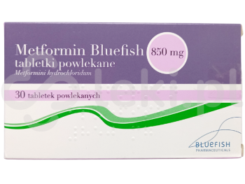 Zdjęcie przedstawia lek na receptę Metformin Bluefish, tabletki powlekane, 850 mg.