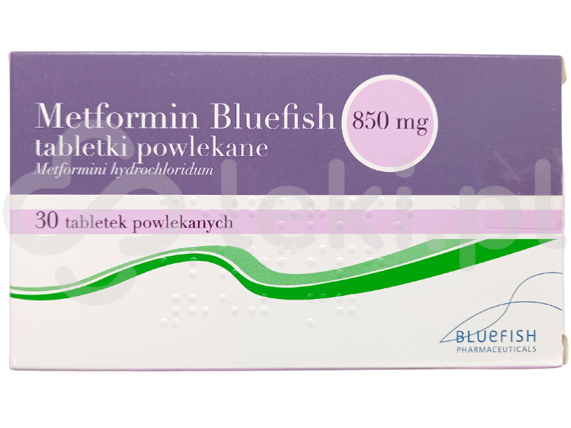 Zdjęcie przedstawia lek na receptę Metformin Bluefish, tabletki powlekane, 850 mg.