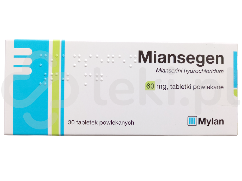 Zdjęcie przedstawia lek na receptę Miansegen, tabletki powlekane, 60 mg.
