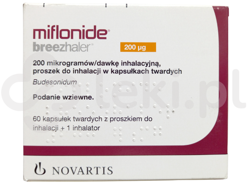 Zdjęcie przedstawia lek na receptę Miflonide Breezhaler, proszek do inhalacji w kapsułkach twardych, 200 µg.