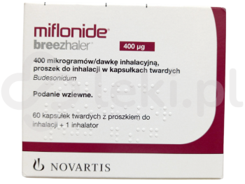 Zdjęcie przedstawia lek na receptę Miflonide Breezhaler, proszek do inhalacji w kapsułkach twardych, 400 µg.