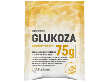 Zdjęcie przedstawia suplement diety Milapharm Glukoza o smaku cytrynowym, proszek, 75 g.
