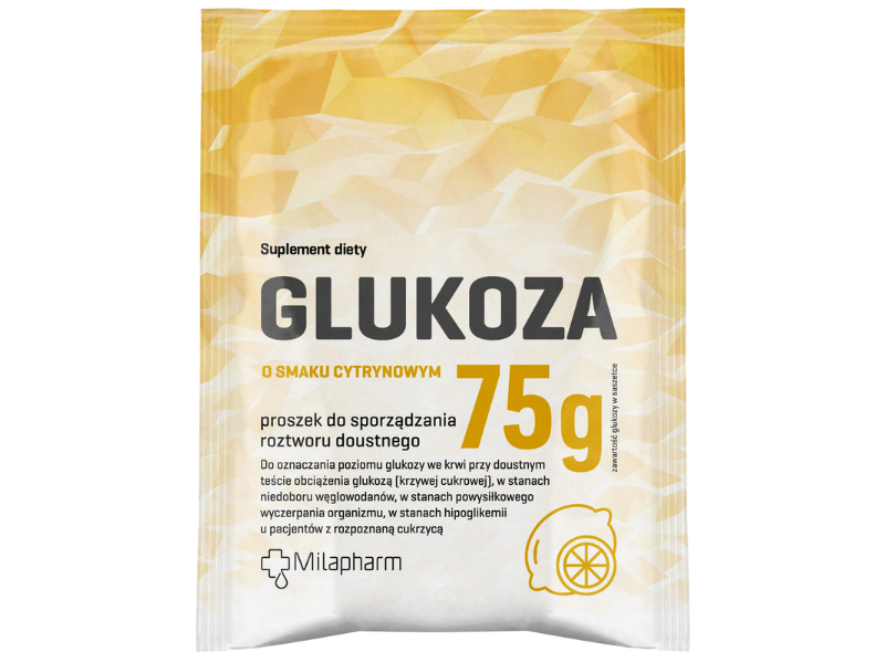 Zdjęcie przedstawia suplement diety Milapharm Glukoza o smaku cytrynowym, proszek, 75 g.