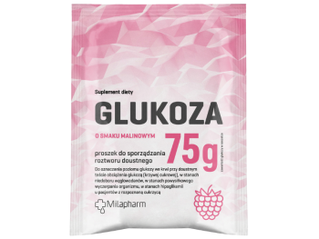 Zdjęcie przedstawia suplement diety Milapharm Glukoza o smaku malinowym, proszek, 75 g.