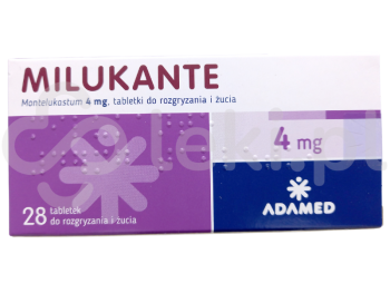Zdjęcie przedstawia lek na receptę Milukante, tabletki do rozgryzania i żucia, 4 mg.