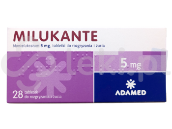 Zdjęcie przedstawia lek na receptę Milukante, tabletki do rozgryzania i żucia, 5 mg.