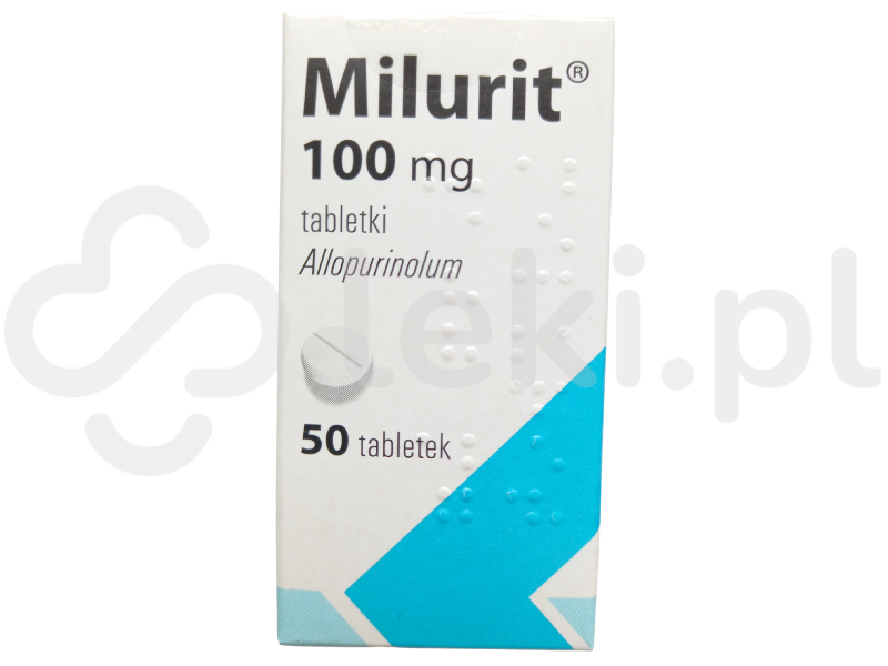 Zdjęcie przedstawia lek na receptę Milurit, tabletki, 100 mg.