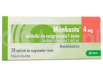 Zdjęcie przedstawia lek na receptę Monkasta, tabletki do rozgryzania i żucia, 4 mg.
