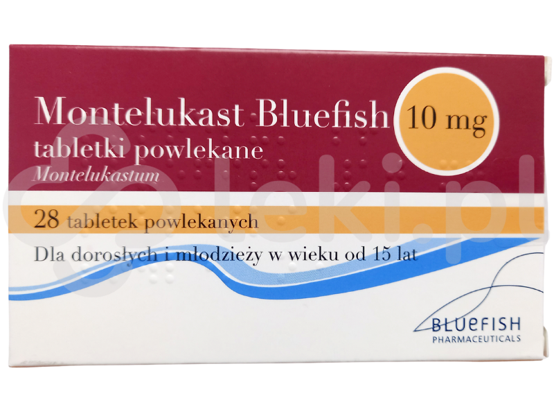 Zdjęcie przedstawia lek na receptę Montelukast Bluefish, tabletki powlekane, 10 mg.