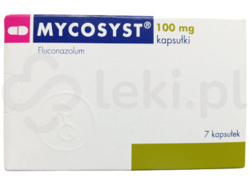 Zdjęcie przedstawia lek na receptę Mycosyst, kapsułki, 100 mg.