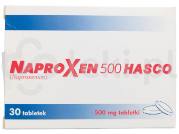 Zdjęcie przedstawia lek na receptę Naproxen 500 Hasco, tabletki, 500 mg.