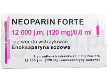 Zdjęcie przedstawia lek na receptę Neoparin Forte, roztwór do wstrzykiwań w ampułko-strzykawce, 120 mg/0, 8 ml.