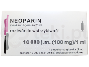 Zdjęcie przedstawia lek na receptę Neoparin, roztwór do wstrzykiwań w ampułko-strzykawce, 100 mg/1 ml.