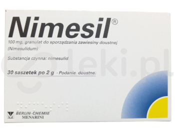 Zdjęcie przedstawia lek na receptę Nimesil, granulat do sporządzania zawiesiny doustnej, 100 mg.
