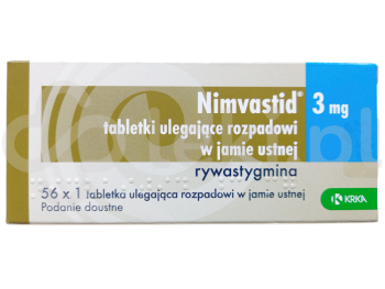 Zdjęcie przedstawia lek na receptę Nimvastid, tabletki ulegające rozpadowi w jamie ustnej, 3 mg.