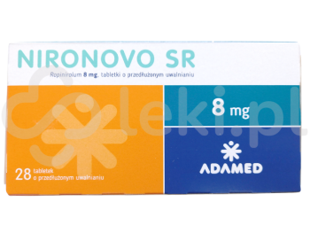 Zdjęcie przedstawia lek na receptę Nironovo SR, tabletki o przedłużonym uwalnianiu, 8 mg.