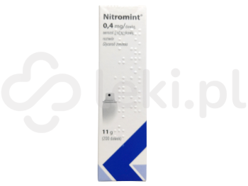 Zdjęcie przedstawia lek na receptę Nitromint, aerozol podjęzykowy, roztwór, 0,4 mg/dawkę.