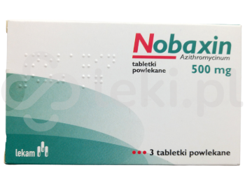 Zdjęcie przedstawia lek na receptę Nobaxin, tabletki powlekane, 500 mg.