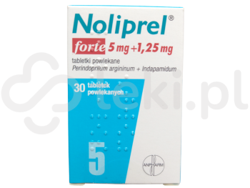 Zdjęcie przedstawia lek na receptę Noliprel Forte, tabletki powlekane, 5 mg + 1,25 mg.