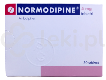 Zdjęcie przedstawia lek na receptę Normodipine, tabletki, 5 mg.