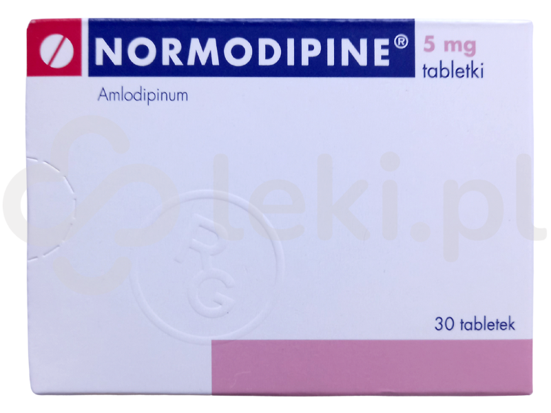 Zdjęcie przedstawia lek na receptę Normodipine, tabletki, 5 mg.