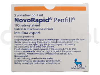 Zdjęcie przedstawia lek na receptę NovoRapid Penfill, roztwór do wstrzykiwań we wkładzie, 100 j./ml.