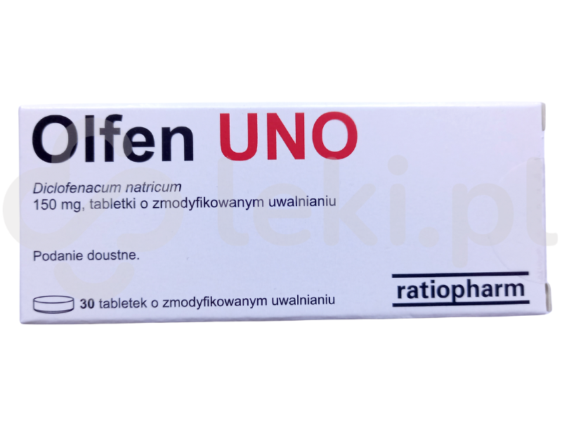 Zdjęcie przedstawia lek na receptę Olfen Uno, tabletki o zmodyfikowanym uwalnianiu, 150 mg.