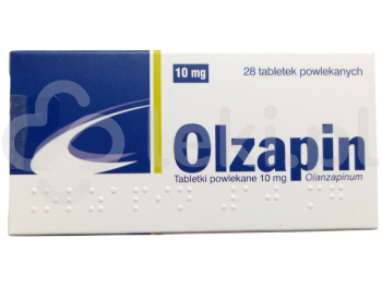 Zdjęcie przedstawia lek na receptę Olzapin, tabletki powlekane, 10 mg.