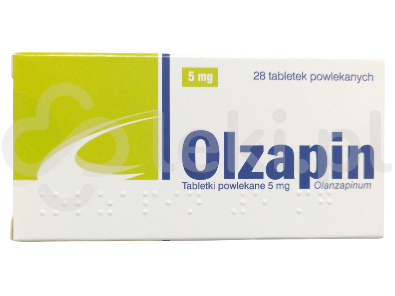 Zdjęcie przedstawia lek na receptę Olzapin, tabletki powlekane, 5 mg.
