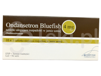 Zdjęcie przedstawia lek na receptę Ondansetron Bluefish, tabletki ulegające rozpadowi w jamie ustnej, 4 mg.